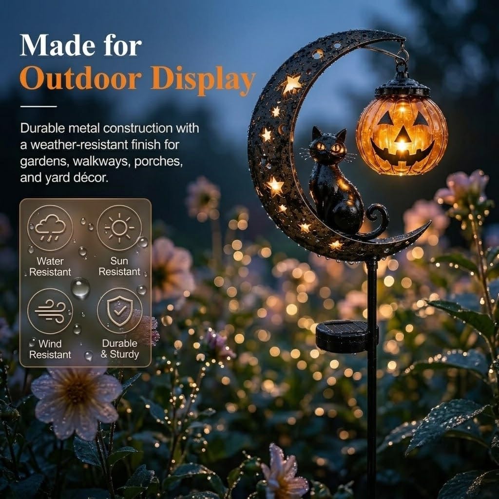Solar Halloween Black Cat & Pumpkin Moon Garden Stake Light, Waterproof Solar Black Cat on Crescent Moon with Hanging Pumpkin Lantern, Outdoor Halloween Yard Decor for Garden, Patio, Lawn, Pathway