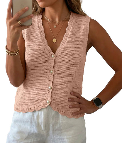 GRECERELLE Women's Summer Sleeveless V Neck Sweater Vest Knit Tank Top | Button Front Closure, Crochet Knit Design, Casual Style, Cropped Fit, Versatile Layering, for Office, Travel