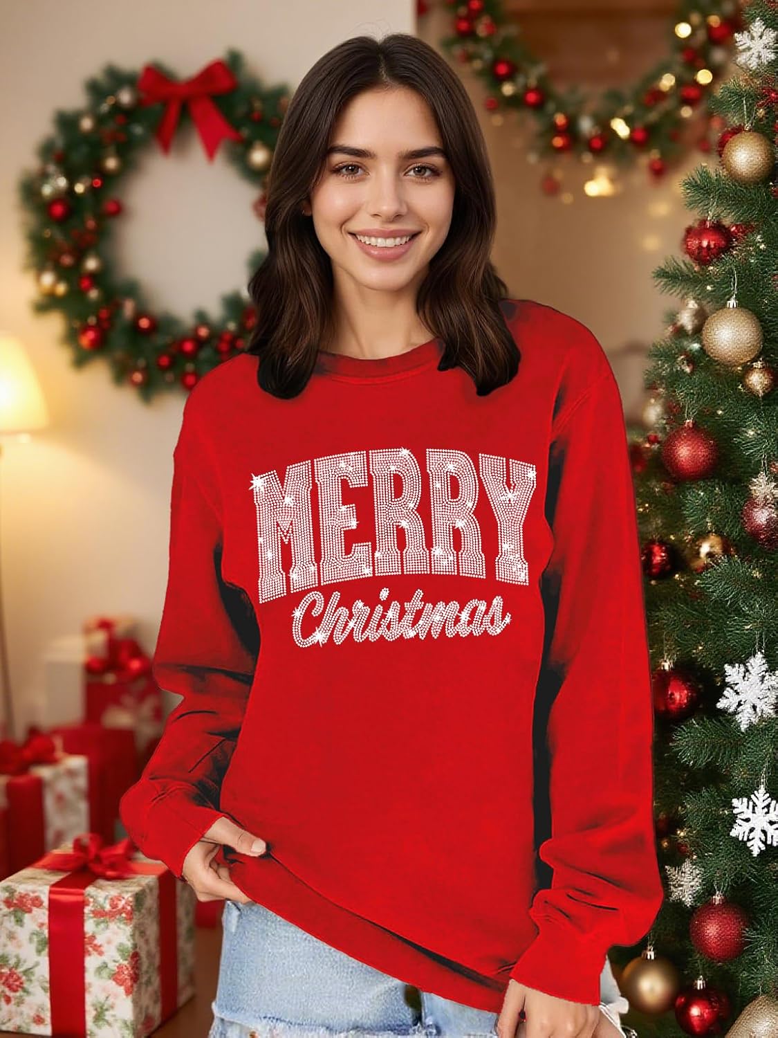 Tewmeu Christmas Sweatshirts for Women Sparkly Merry and Bright Sweater