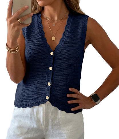 GRECERELLE Women's Summer Sleeveless V Neck Sweater Vest Knit Tank Top | Button Front Closure, Crochet Knit Design, Casual Style, Cropped Fit, Versatile Layering, for Office, Travel