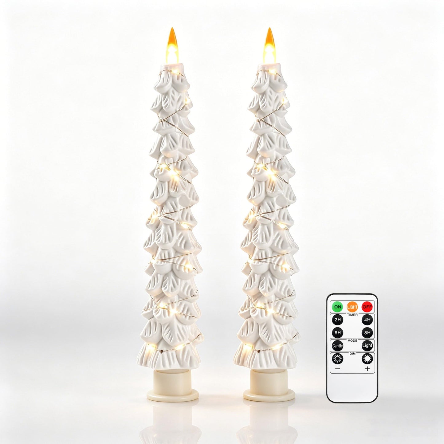 2 Pack White Christmas Tree LED Taper Candles, Flameless Flickering Candles with Copper String Lights, Upgraded Realistic Flame Effect, Battery Operated with Remote for Christmas Home Decoration