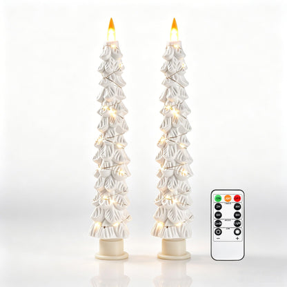 2 Pack White Christmas Tree LED Taper Candles, Flameless Flickering Candles with Copper String Lights, Upgraded Realistic Flame Effect, Battery Operated with Remote for Christmas Home Decoration
