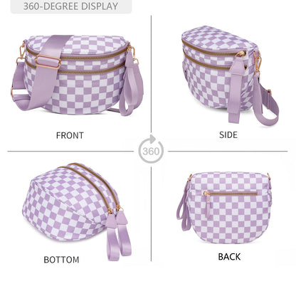 Pure Colour Crossbody Bum Bags for Women Spacious Checkered Cross body Bag Nylon Trendy Fanny Pack for Travel