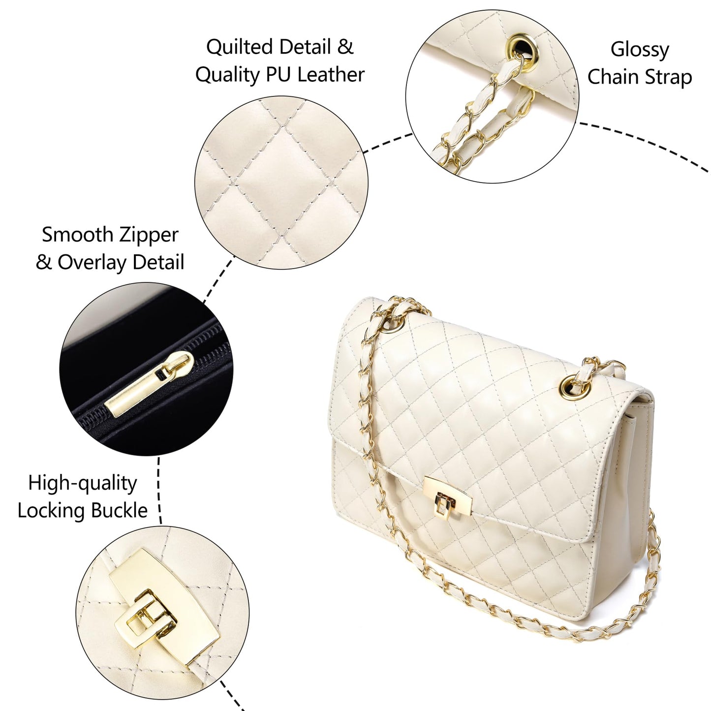 Quilted Leather Crossbody Bags for Women Trendy Ladies Shoulder Purse Satchel HandBag with Chain Strap