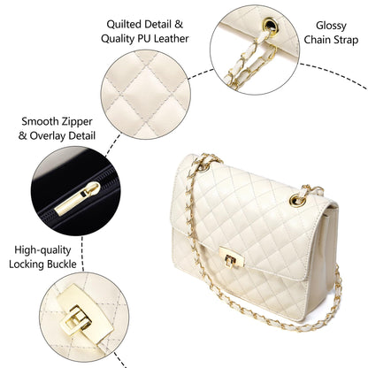 Quilted Leather Crossbody Bags for Women Trendy Ladies Shoulder Purse Satchel HandBag with Chain Strap