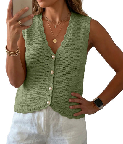 GRECERELLE Women's Summer Sleeveless V Neck Sweater Vest Knit Tank Top | Button Front Closure, Crochet Knit Design, Casual Style, Cropped Fit, Versatile Layering, for Office, Travel