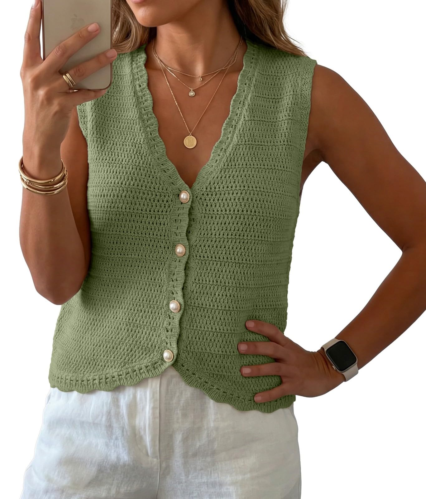 GRECERELLE Women's Summer Sleeveless V Neck Sweater Vest Knit Tank Top | Button Front Closure, Crochet Knit Design, Casual Style, Cropped Fit, Versatile Layering, for Office, Travel