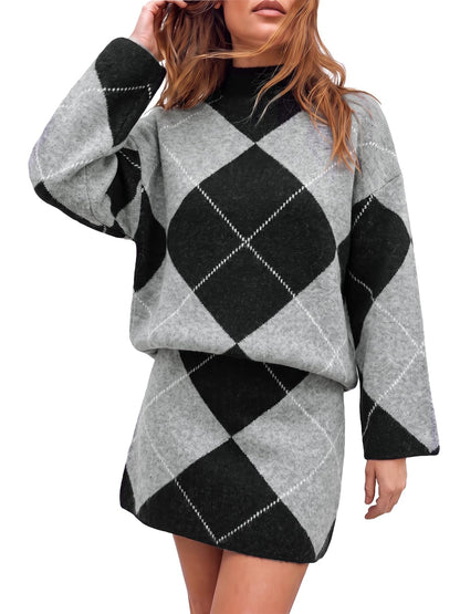 Cicy Bell Women Mock Neck Argyle Sweater 2 Piece Outfits Mini Skirt Sets
