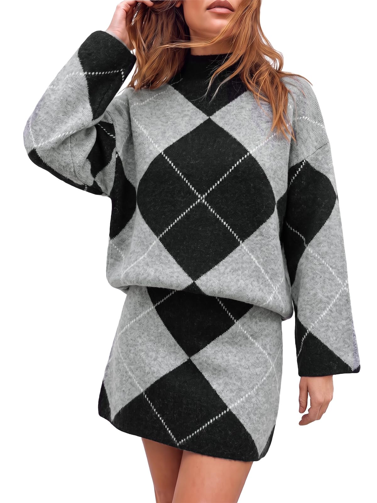 Cicy Bell Women Mock Neck Argyle Sweater 2 Piece Outfits Mini Skirt Sets