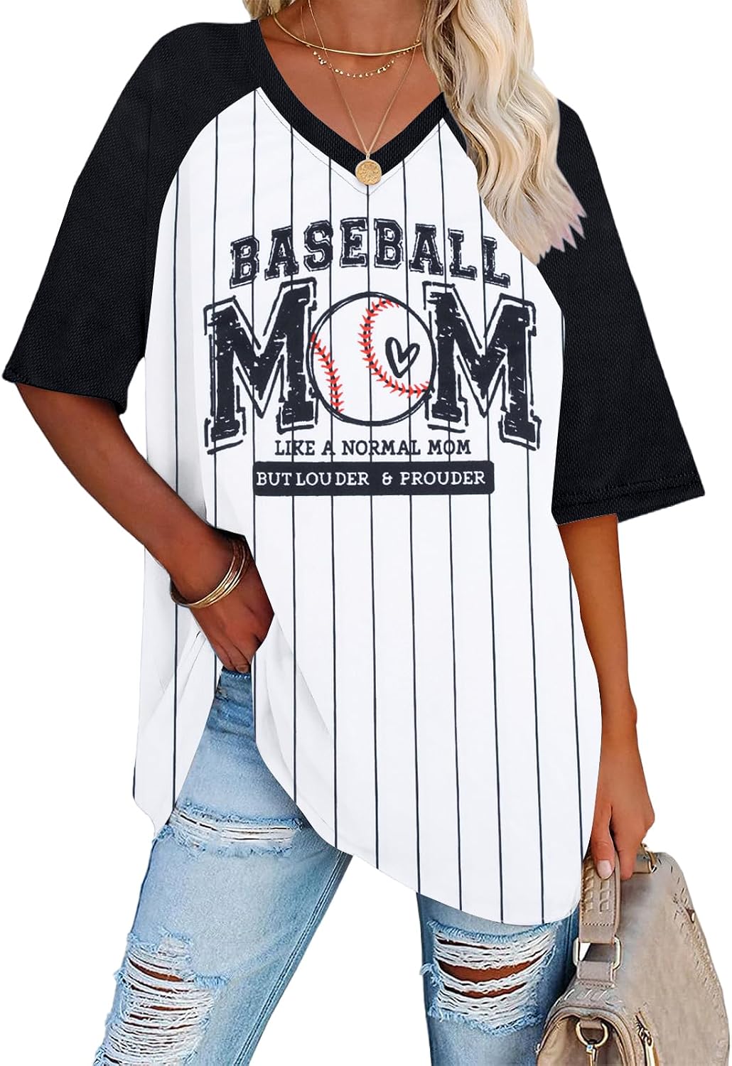 Baseball Mom Shirts for Women V Neck Baseball Stripe Outfits
