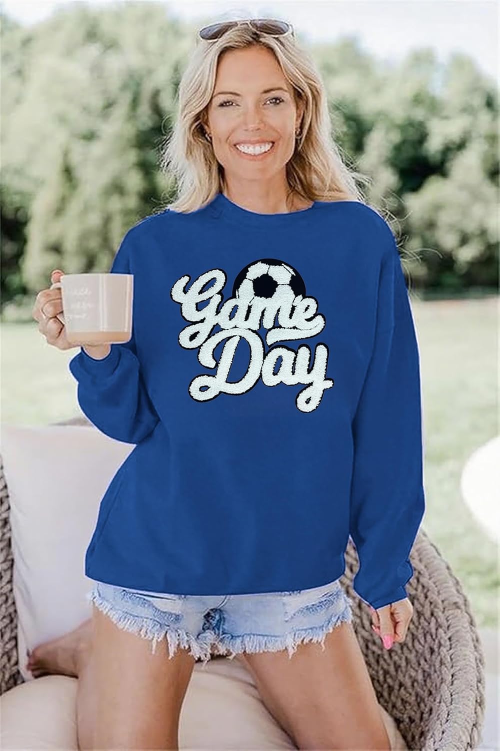 Game Day Soccer Sweatshirt Women Soccer Season Chenille Patch Pullover Top Causal Long Sleeve Football Top