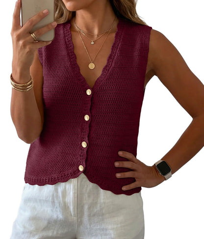 GRECERELLE Women's Summer Sleeveless V Neck Sweater Vest Knit Tank Top | Button Front Closure, Crochet Knit Design, Casual Style, Cropped Fit, Versatile Layering, for Office, Travel