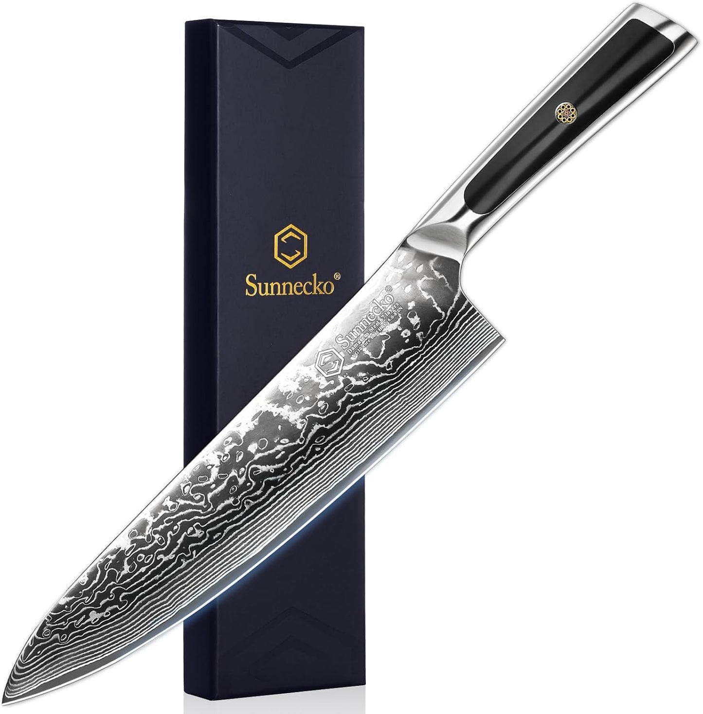 Sunnecko 8 Inch Japanese Damascus Chef Knife - Ultra Sharp VG10 Steel | 10-12 Degree Edge 67 Layers Kitchen Cooking Knives for Meat, Vegetable Fruit, Full Tang, Camping BBQ Gifts for Men