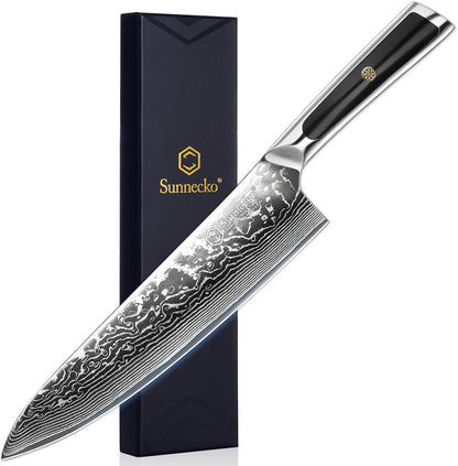 Sunnecko 8 Inch Japanese Damascus Chef Knife - Ultra Sharp VG10 Steel | 10-12 Degree Edge 67 Layers Kitchen Cooking Knives for Meat, Vegetable Fruit, Full Tang, Camping BBQ Gifts for Men