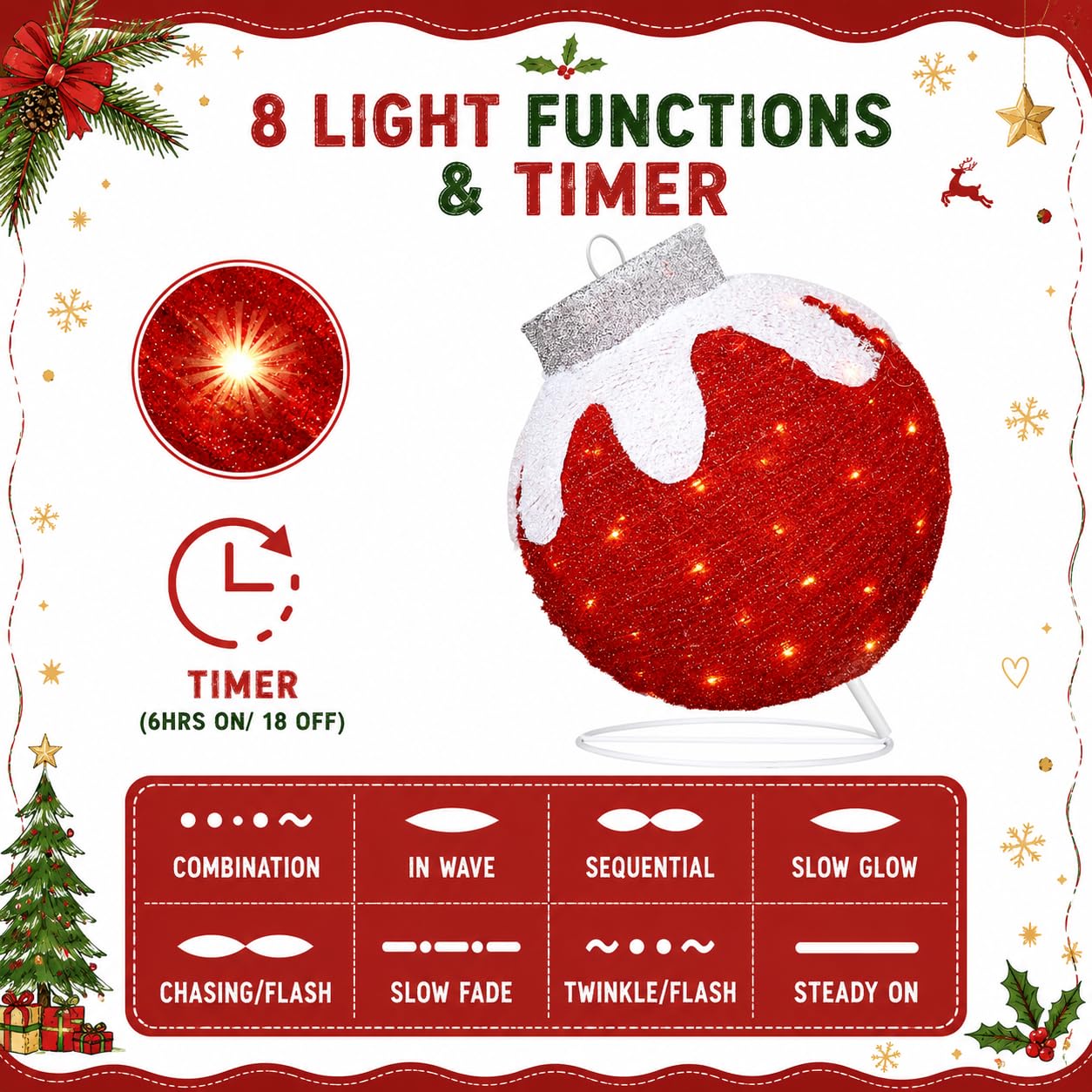 2 Pcs Outdoor Christmas Ornaments, Lighted Pop-Up Holiday Ball Decoration with 160 LED Lights, 8 Light Functions, Lighted Collapsible Christmas Outdoor Decorations for Yard, Patio, Home