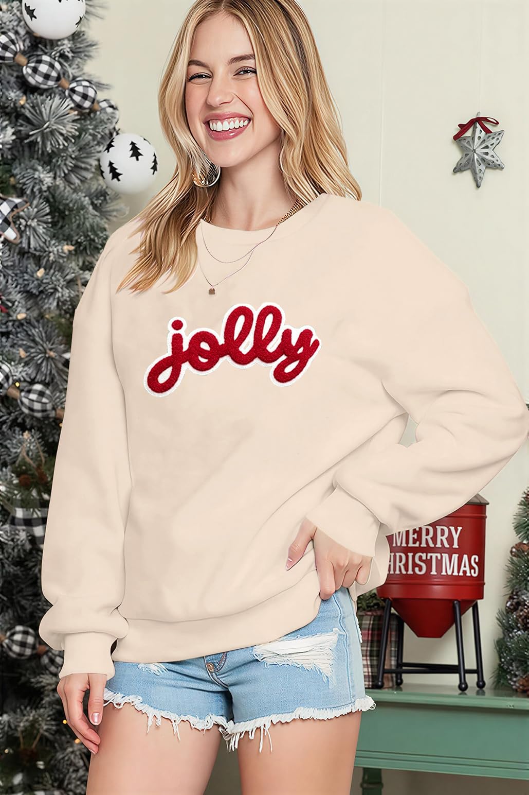 Christmas Sweatshirts For Women Jolly Glitter Patch Striped Sweater