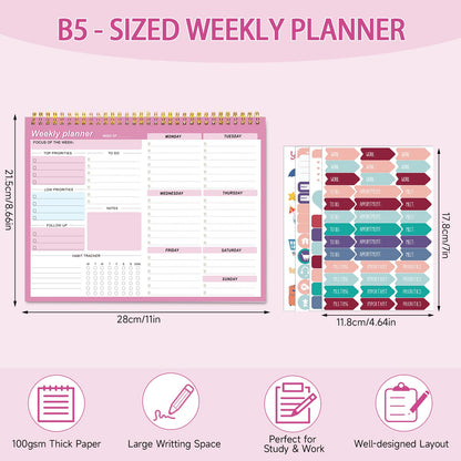Thboxes Weekly Desk Planner, 8.5x11 In To Do List Notepad, 52 Sheets, Pink | Productivity Organizer, Work from Home Essentials, Undated Tear Off Pages, Office, College, School, Student and Teacher Gifts