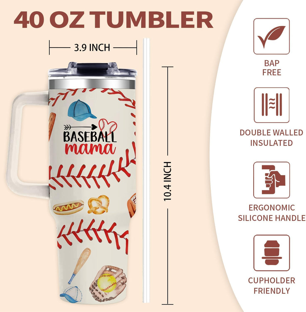 40oz Baseball Mom Tumbler, Christmas Holiday Gifts for Baseball Lovers