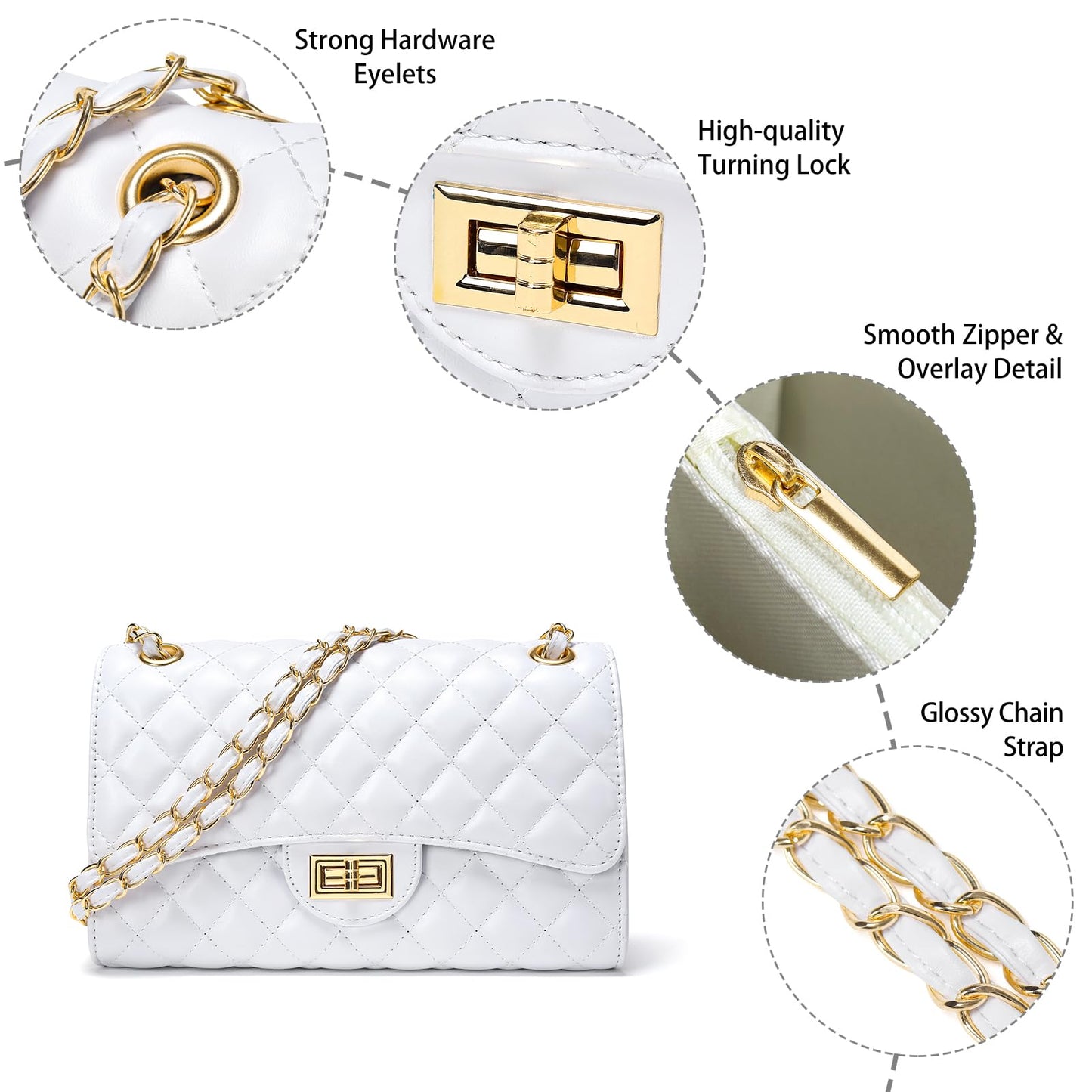 Quilted Leather Crossbody Bags for Women Trendy Ladies Shoulder Purse Satchel HandBag with Chain Strap