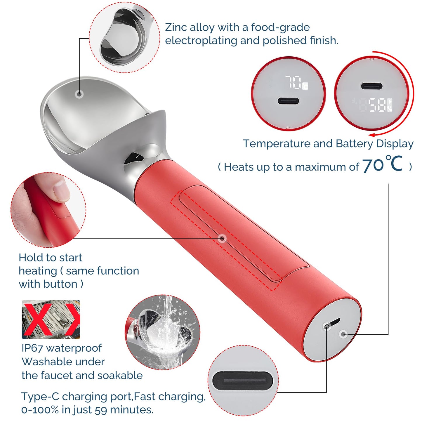 Heated Ice Cream Scoop Rechargeable, Electric Warming Ice Cream Scooper with LED Display, Heats to 158°F for Hard Ice Cream, Easy for Seniors & Kids, IP67 Waterproof (White, 2 oz)