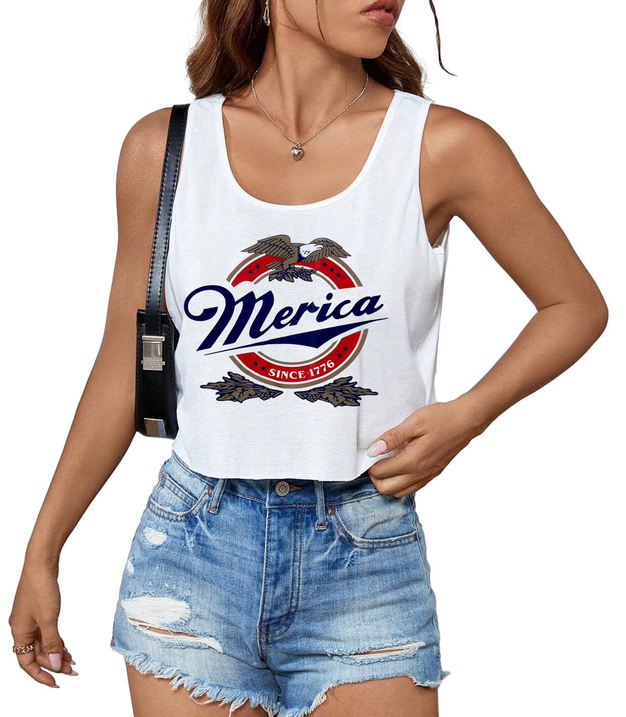 4th of July Crop Tops for Women Funny American Flag Shirts Tank Tops Outfits