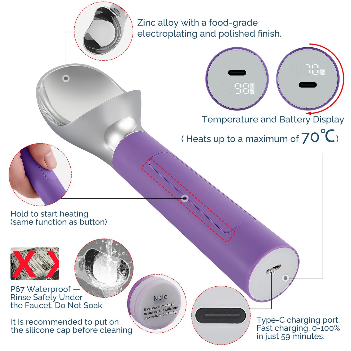 Heated Ice Cream Scoop Rechargeable, Electric Warming Ice Cream Scooper with LED Display, Heats to 158°F for Hard Ice Cream, Easy for Seniors & Kids, IP67 Waterproof (White, 2 oz)