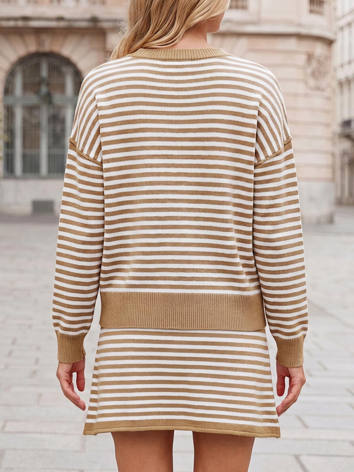 Tankaneo Women 2 Piece Striped Sweater Skirt Set