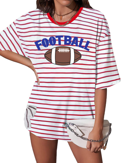 Football Shirts for Women Oversize Game Day T-Shirts Bow Side Split T-Shirt | Football Season Graphic Tee Tops Oversize Football Graphic Short Sleeve Tee Top