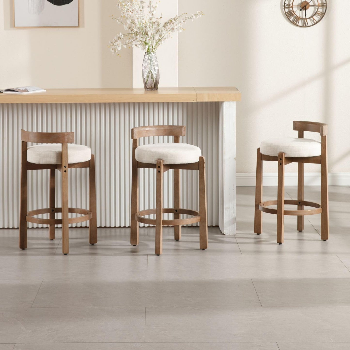LukeAlon Mid Century Linen Counter Stools Set of 4, Upholstered 26.5” Seat Height Low Barstools with Natural Wood Legs Round Low Back Kitchen Stools with Footrest for Dining Room, Beige