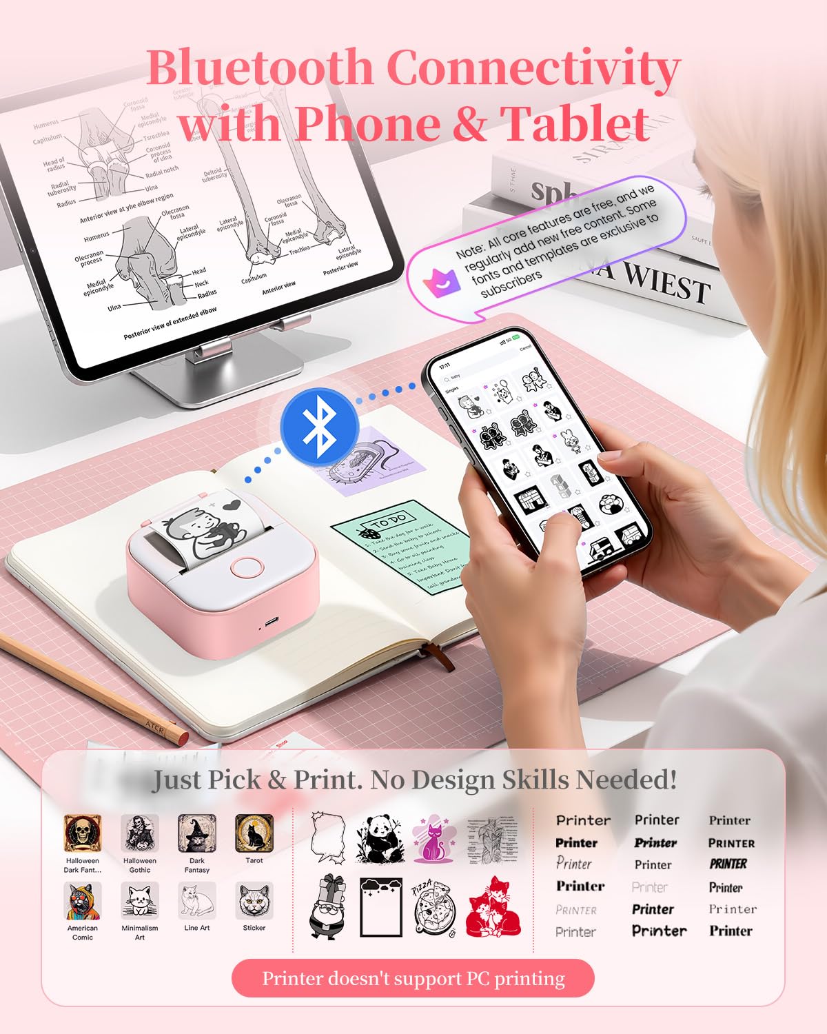 Memoking Mini Printer - Sticker Printer T02 Inkless Sticker Maker Machine