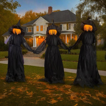 Halloween Witch Decorations Outdoor - 5 FT Set of 3 Light Up Holding Hands Witches Stakes with Glowing Faces, Sound-Activated Screaming Sensor, Waterproof Life Size Scary Halloween Yard Decorations