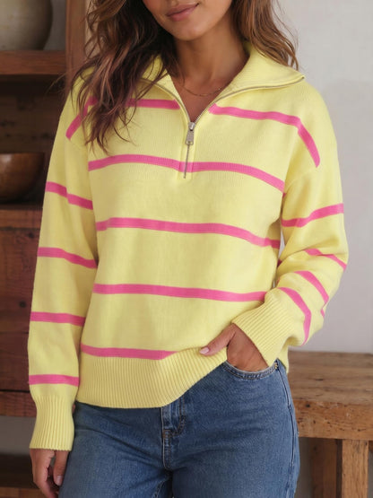 Fisoew Womens Quarter Zip Striped Sweater Oversized Turtleneck Pullover Top