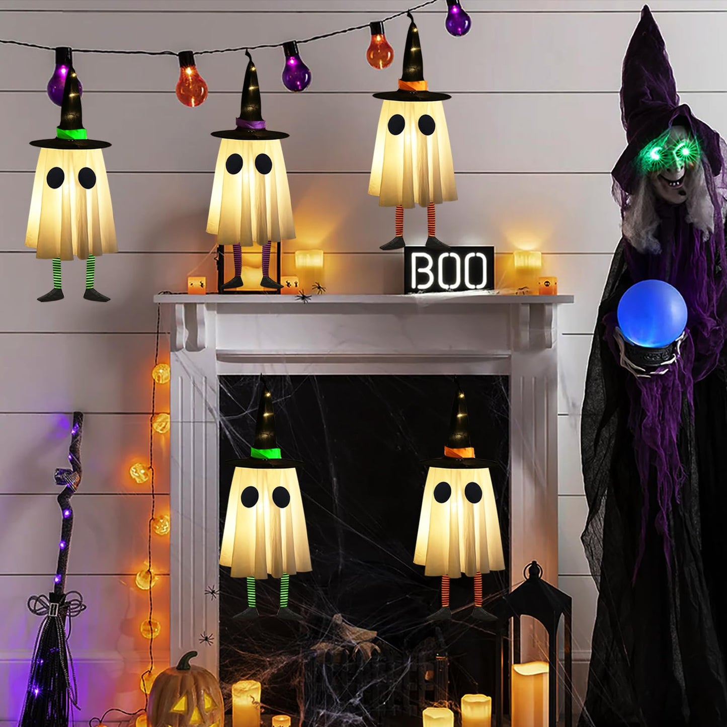 Set of 4 Halloween Hanging Ghosts, Halloween Decorations Outdoor Hanging Ghosts with Witch Hat,Glowing Ghost Witch Hat Lights, Light up Ghost Decor for Yard Patio Garden Tree Outside(4 Ghost Lighted)