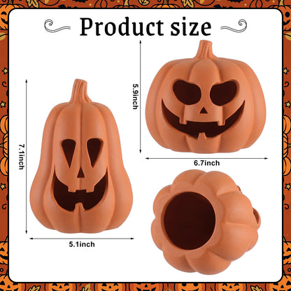 Tioncy 2 Pack Fall Decor Halloween Decorations Terracotta Pumpkin Decoration Handmade Clay Pumpkin Jack-o-Lantern Halloween Tealight Holder Rustic Farmhouse Fall Home Decor for Table(Orange)