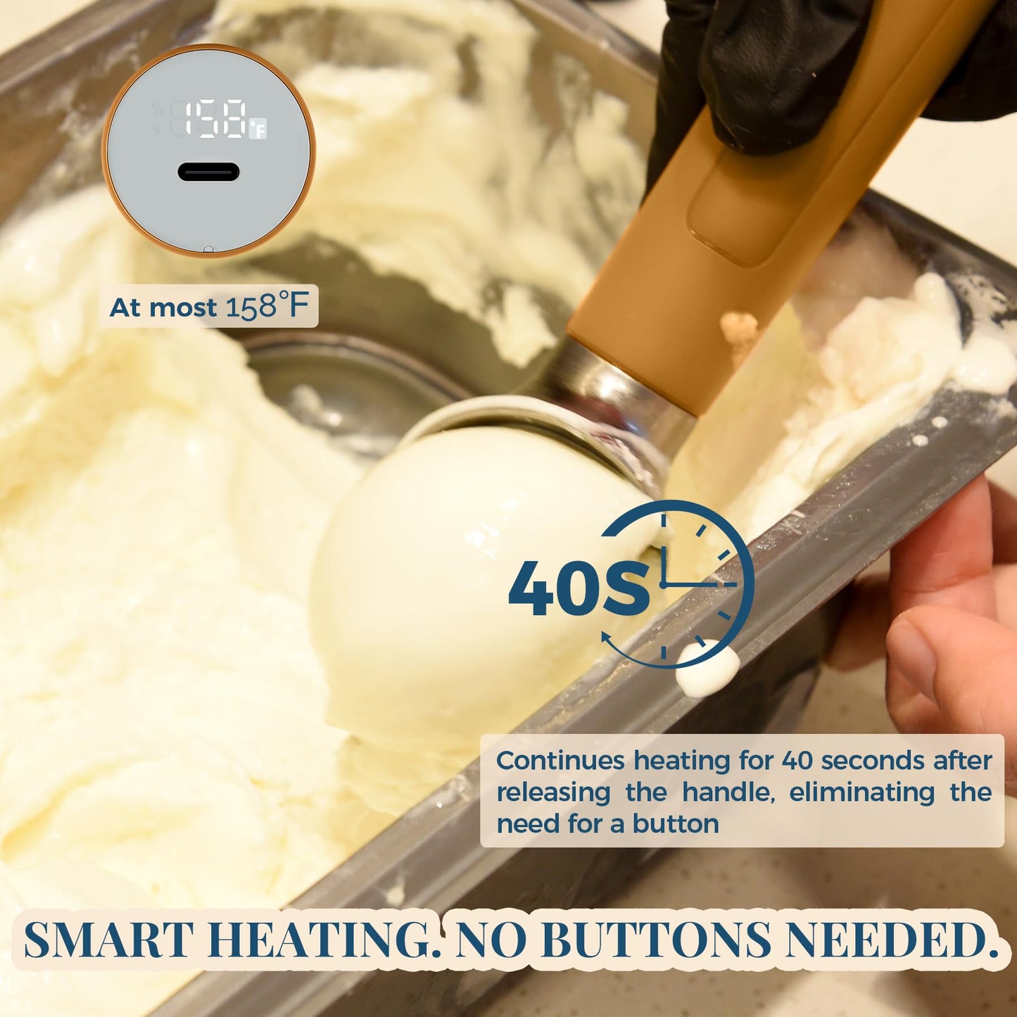 Heated Ice Cream Scoop Rechargeable, Electric Warming Ice Cream Scooper with LED Display, Heats to 158°F for Hard Ice Cream, Easy for Seniors & Kids, IP67 Waterproof (White, 2 oz)