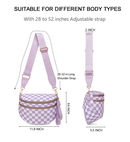 Pure Colour Crossbody Bum Bags for Women Spacious Checkered Cross body Bag Nylon Trendy Fanny Pack for Travel