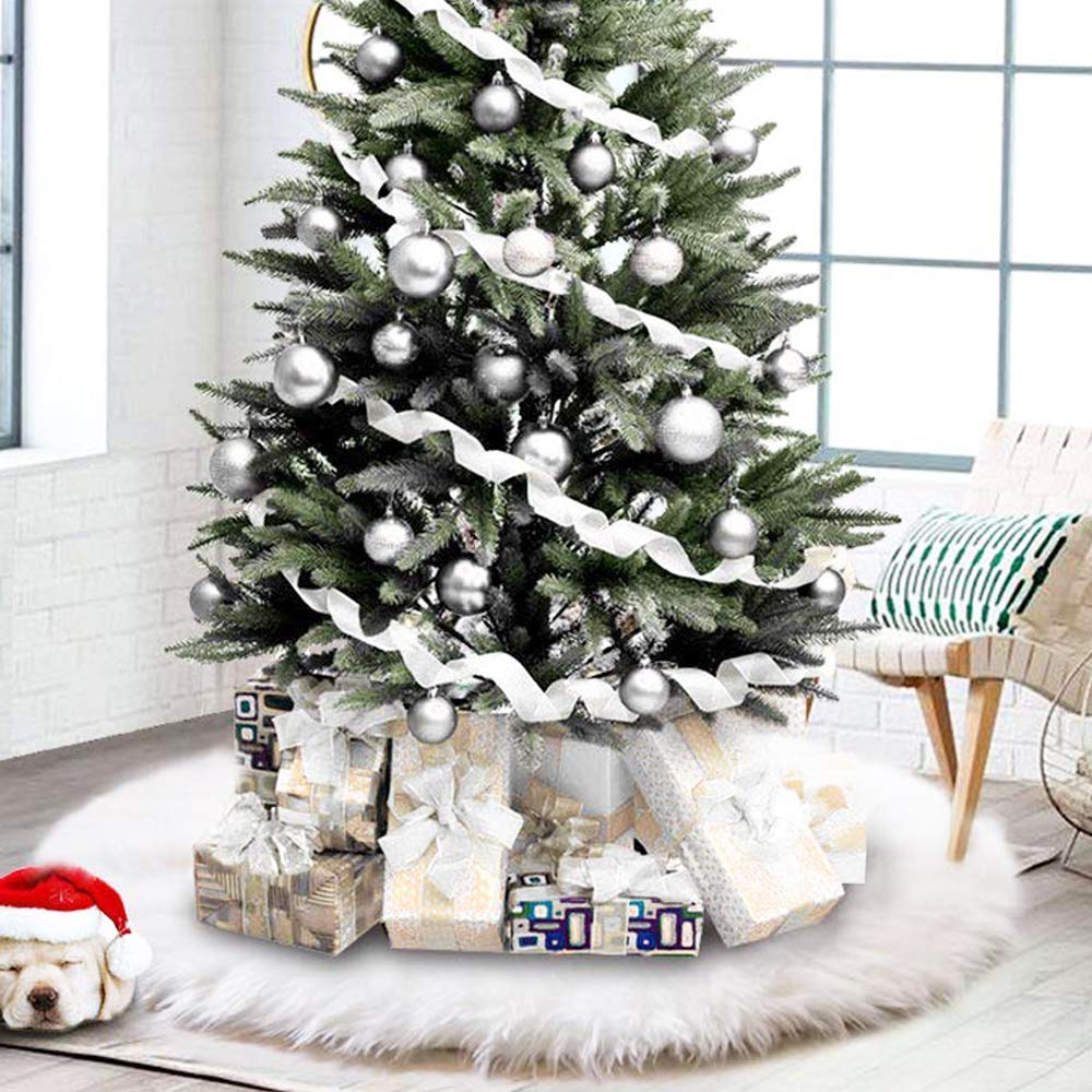 CHICHIC 60 inch Christmas Tree Skirt Faux Fur Xmas Tree Skirt Christmas Decorations Holiday Tree Ornaments Tree Decoration for Christmas Home Decorations, Xmas Party Holiday Decorations, Snow White
