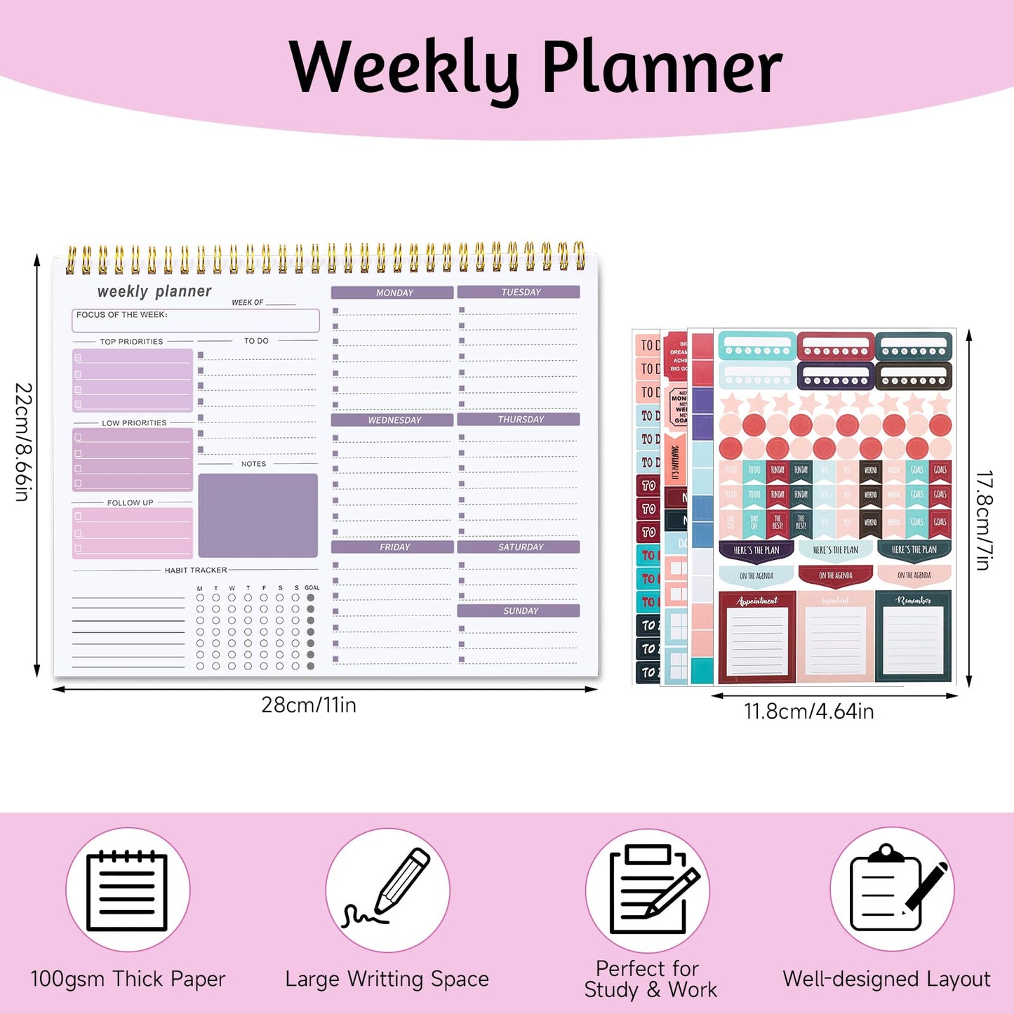 Thboxes Weekly Desk Planner, 8.5x11 In To Do List Notepad, 52 Sheets, Pink | Productivity Organizer, Work from Home Essentials, Undated Tear Off Pages, Office, College, School, Student and Teacher Gifts