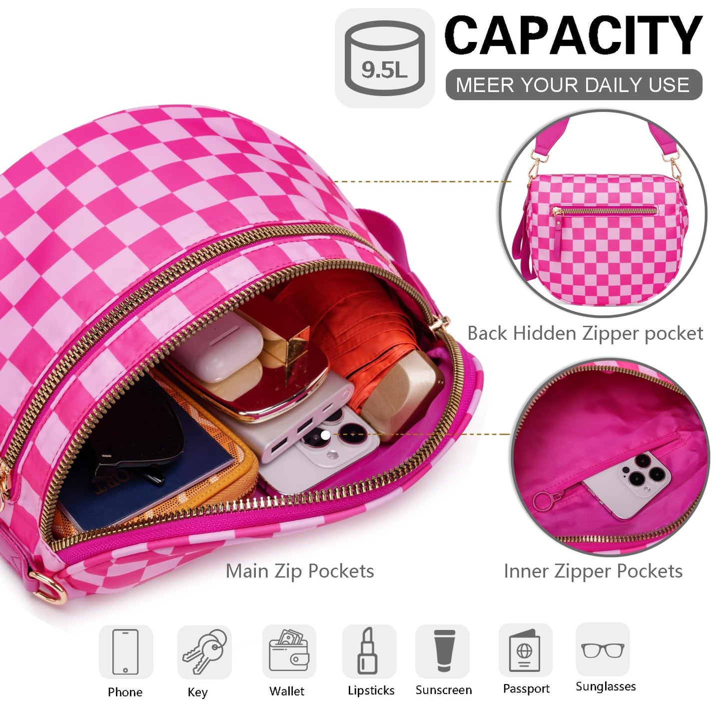 Pure Colour Crossbody Bum Bags for Women Spacious Checkered Cross body Bag Nylon Trendy Fanny Pack for Travel