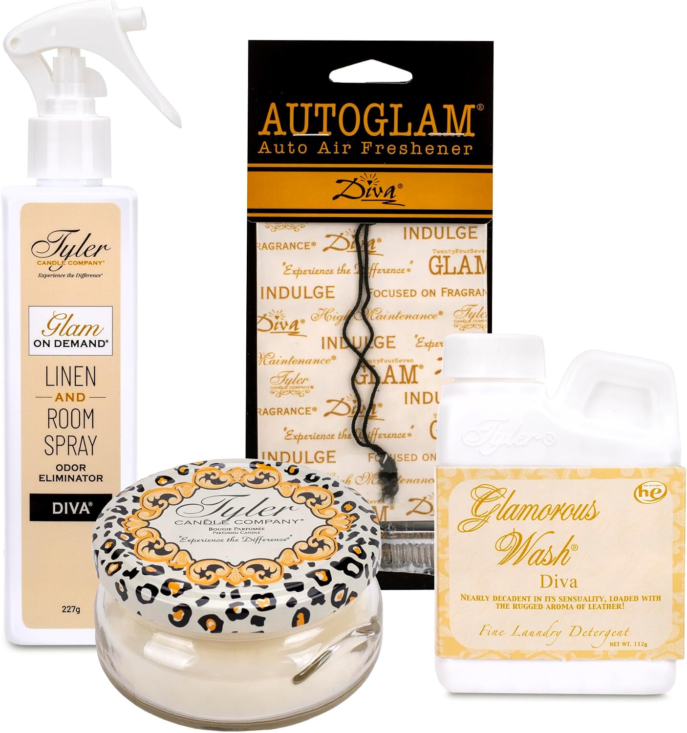 Tyler Candle Company - Diva Glamorous Gift Suite VI - (On Demand Room Spary, Glamorous Wash, Jar Candle, Autoglam)