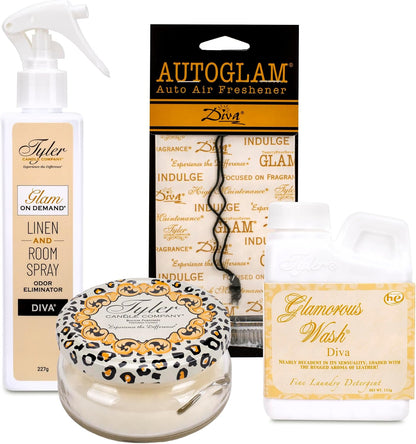 Tyler Candle Company - Diva Glamorous Gift Suite VI - (On Demand Room Spary, Glamorous Wash, Jar Candle, Autoglam)