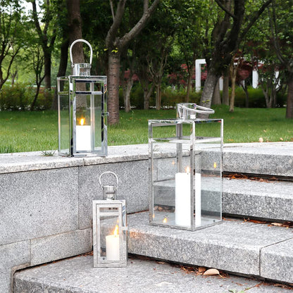TRIROCKS Set of 3 Stainless Steel Candle Lantern 19/15/12'' High Metal Candle Holder with Tempered Glass Panels Perfect for Home Decor Living Room Parties Events Tabletop Indoors Outdoors (Rose Gold)