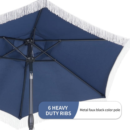 GDY 7.5ft Tassel Patio Umbrella and Matching Base, Outdoor Table Umbrella with 18 LED Lights,Market Umbrella with 6 Sturdy Ribs, with Push Button Tilt and Crank, Bright White
