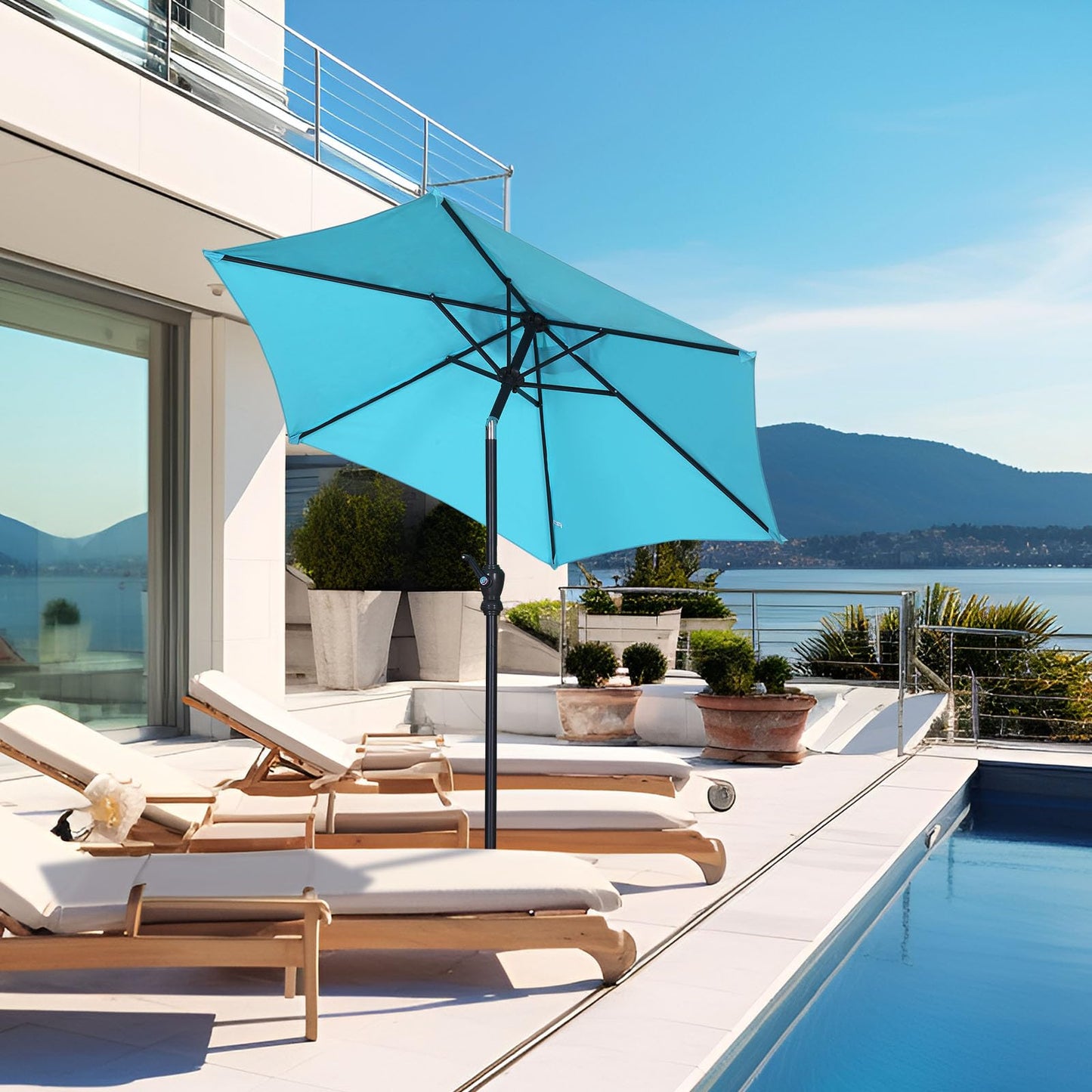 GDY 7.5ft Tassel Patio Umbrella and Matching Base, Outdoor Table Umbrella with 18 LED Lights,Market Umbrella with 6 Sturdy Ribs, with Push Button Tilt and Crank, Bright White