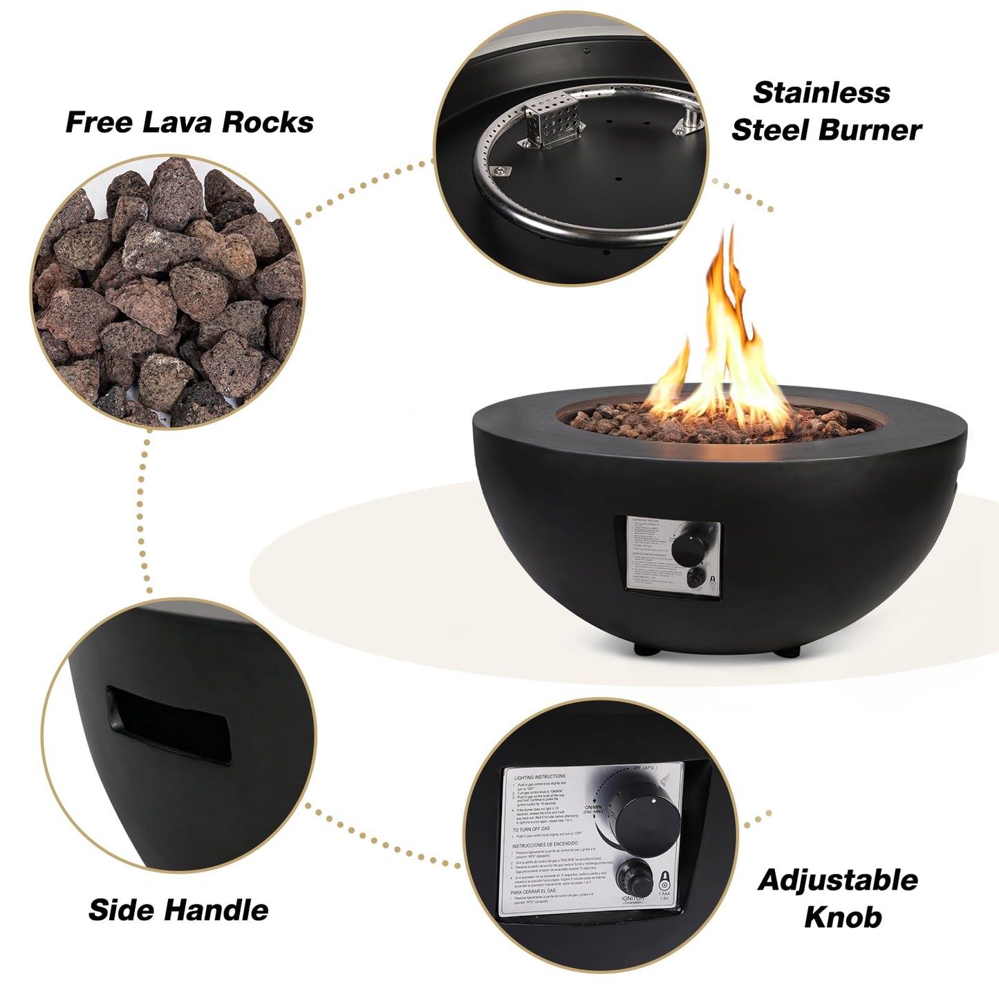 31.5 Inch Round Propane Fire Pit Table - Concrete Round Fire Bowl 50,000 BTU Natural Gas Firepit Burner with Steel Lid, Lava Rocks, Waterproof Cover for Outside Patio, Backyard, Party