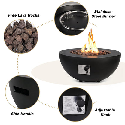 31.5 Inch Round Propane Fire Pit Table - Concrete Round Fire Bowl 50,000 BTU Natural Gas Firepit Burner with Steel Lid, Lava Rocks, Waterproof Cover for Outside Patio, Backyard, Party