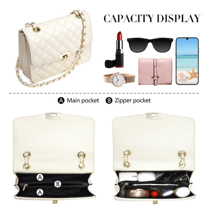 Quilted Leather Crossbody Bags for Women Trendy Ladies Shoulder Purse Satchel HandBag with Chain Strap