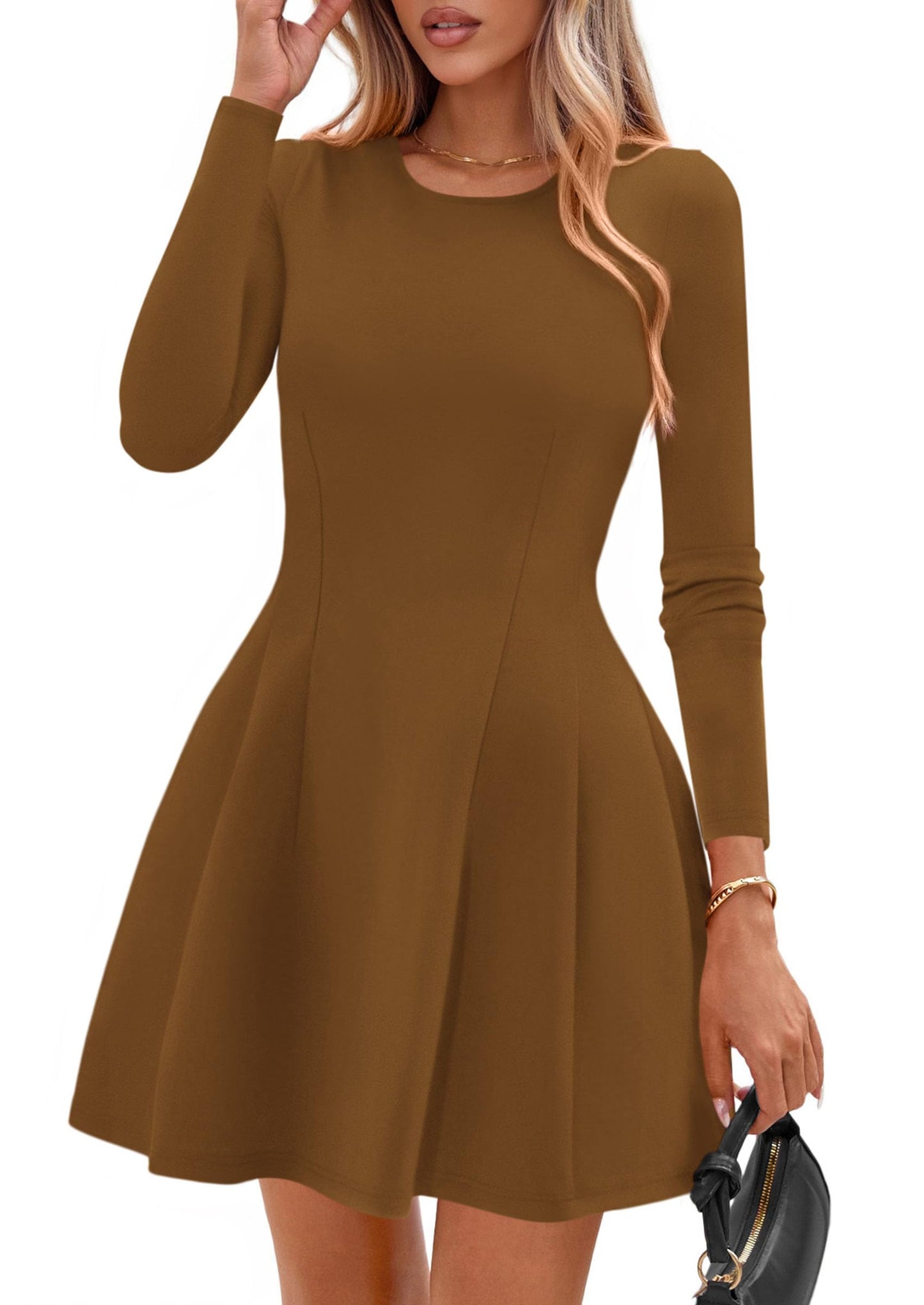 PRETTYGARDEN Womens Long Sleeve Pleated Mini Dress