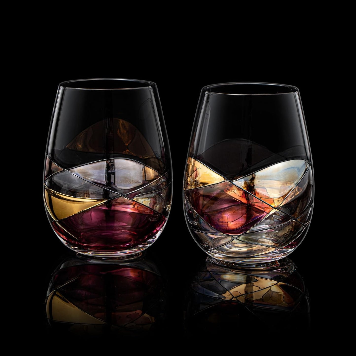 Artisanal Hand Painted Stemless Wine Glasses - Everyday Celebrations, Gift Idea for Wife, Mom, Valentine, Holiday Renaissance Romantic Stain-glassed Windows, 2 Set - Gift Idea Birthday, Housewarming