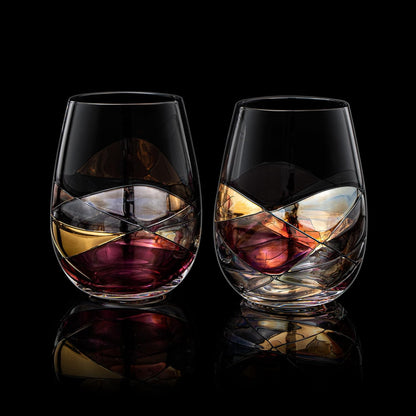 Artisanal Hand Painted Stemless Wine Glasses - Everyday Celebrations, Gift Idea for Wife, Mom, Valentine, Holiday Renaissance Romantic Stain-glassed Windows, 2 Set - Gift Idea Birthday, Housewarming